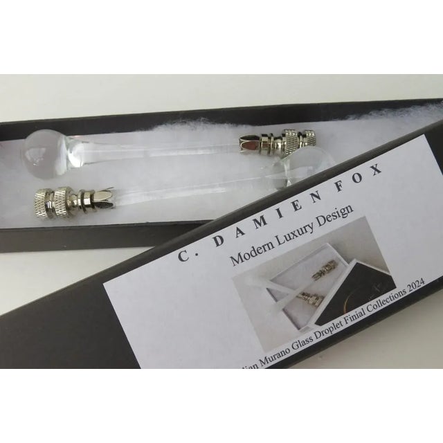 Hollywood Regency Italian Murano Blown Glass Droplet Finials, Sparkling Crystal Clear, a Pair. For Sale - Image 3 of 3