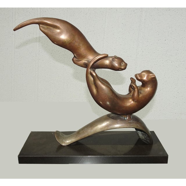 Abstract Vintage Bronze Balancing Swimming Otters Statue ~ Sculpture For Sale - Image 3 of 15