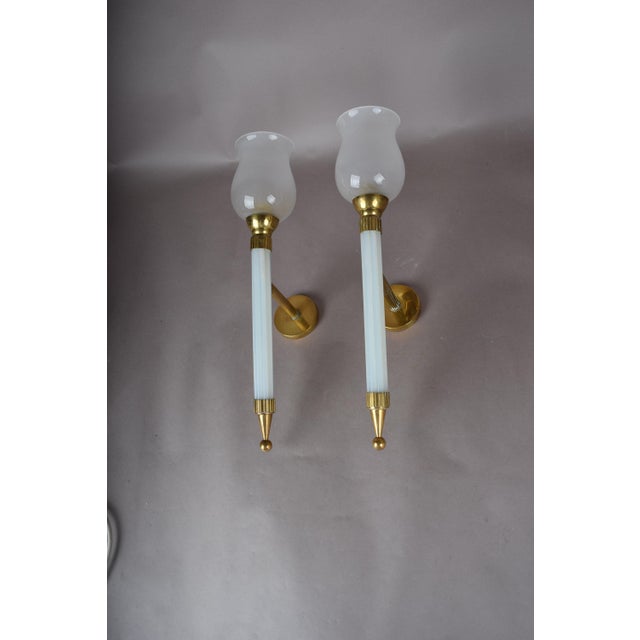 French Blue Opaline Glass and Brass Torch Wall Sconces with Glass Shades, 1950s, Set of 2 For Sale - Image 15 of 15
