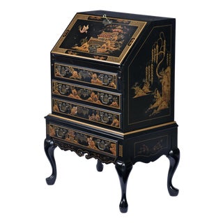 Black Lacquer Hand Painted Asian Chinoiserie Black Lacquer Secretary Writing Desk For Sale