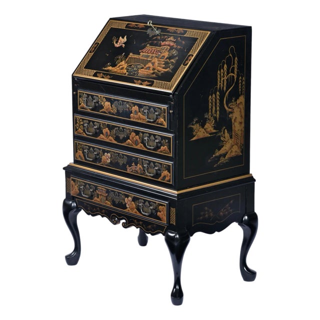 Black Lacquer Hand Painted Asian Chinoiserie Black Lacquer Secretary Writing Desk For Sale