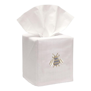 Napoleon Bee Tissue Box Cover in White Linen & Cotton, Embroidered