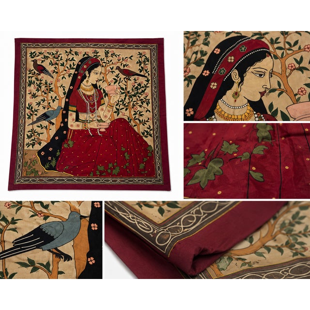 Traditional Vintage Silk Embroidered Mughal Lady Textile Wall Hanging | Figural Folk Art Tapestry For Sale - Image 3 of 5