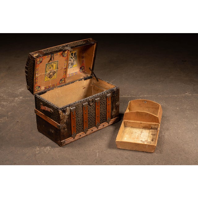Antique Embossed Metal Dome Top Steamer Trunk For Sale In Chicago - Image 6 of 11