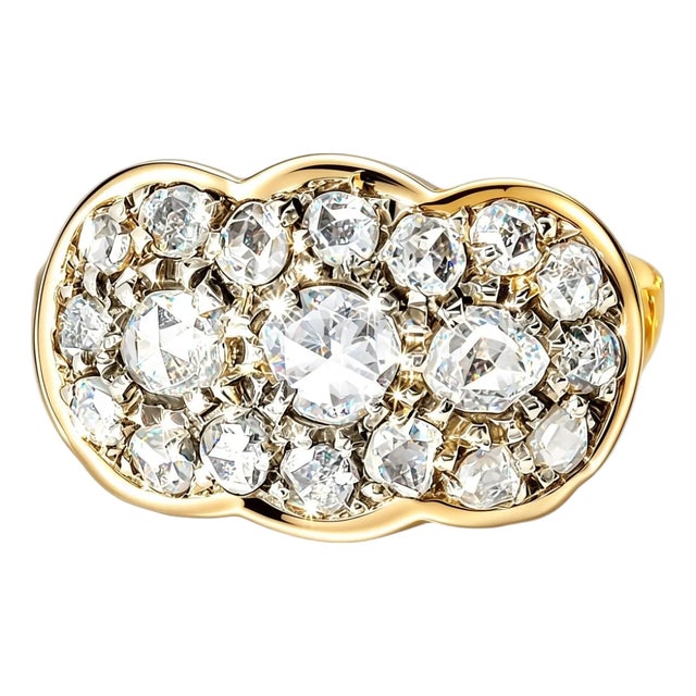 1970s 14K Yellow Gold Pave Old Miner Diamond Filigree Mosaic Ring, Size 6.75 For Sale