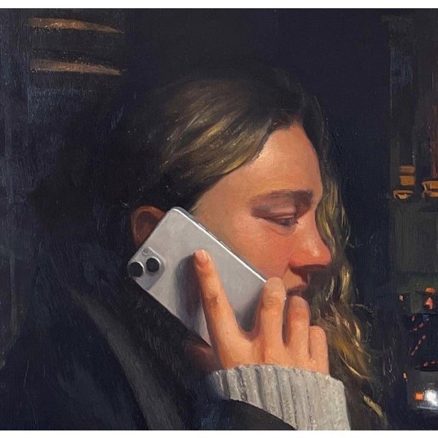 Early 21st Century Business District by Brad Davis | Oil on wood panel Woman on phone in a city street at night. For Sale - Image 5 of 5