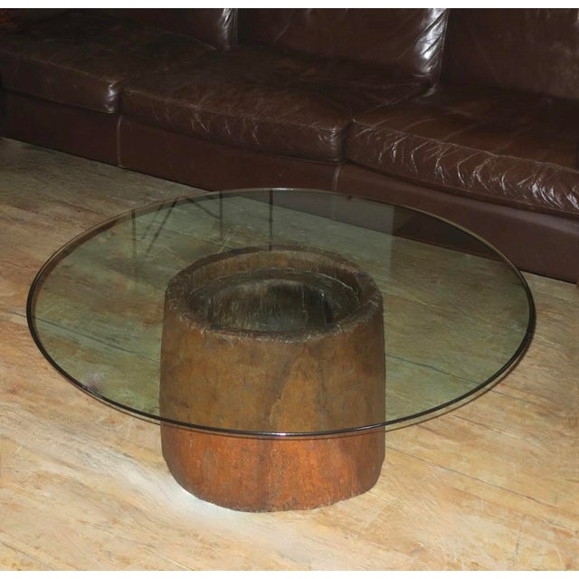 Antique Hand-Carved Mortar Coffee Table with Circular Glass Top For Sale - Image 12 of 14