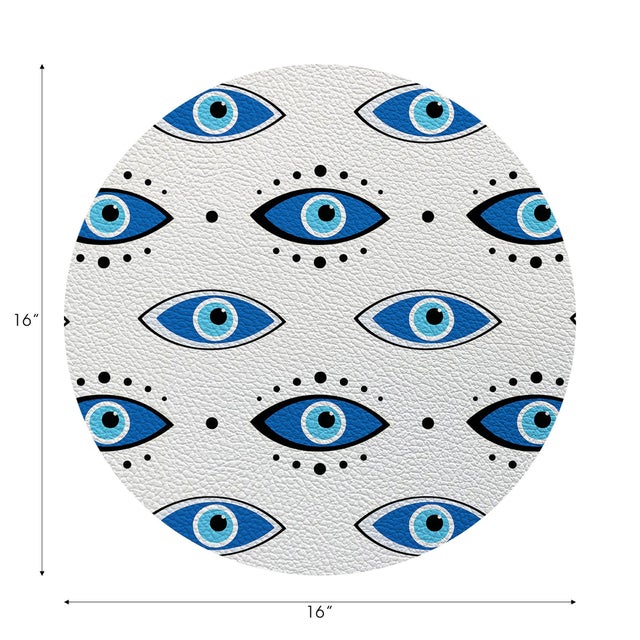 Boho Chic Eyes Blue White Vegan Leather Round Pebble Placemat, Set of 4 For Sale - Image 3 of 5
