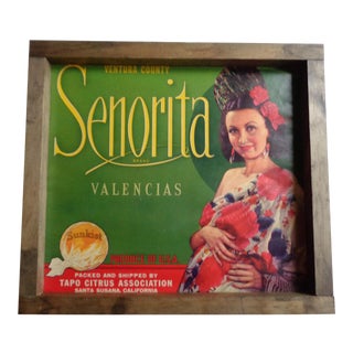 Vintage 1940s Oranges Fruit Crate Label Sign in Handmade Frame For Sale
