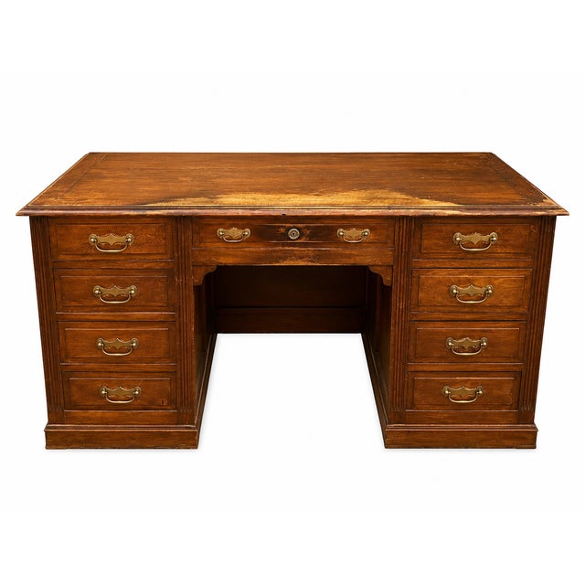 Brown Vintage Oak Pedestal Desk with Drawers, 1940s For Sale - Image 8 of 8