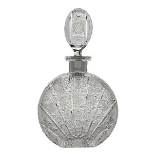 Bohemian Crystal Decanter, Banjo Bottle | Starburst Cut Glass, Czech Vintage Barware For Sale