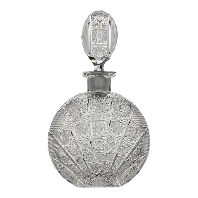 Bohemian Crystal Decanter, Banjo Bottle | Starburst Cut Glass, Czech Vintage Barware For Sale