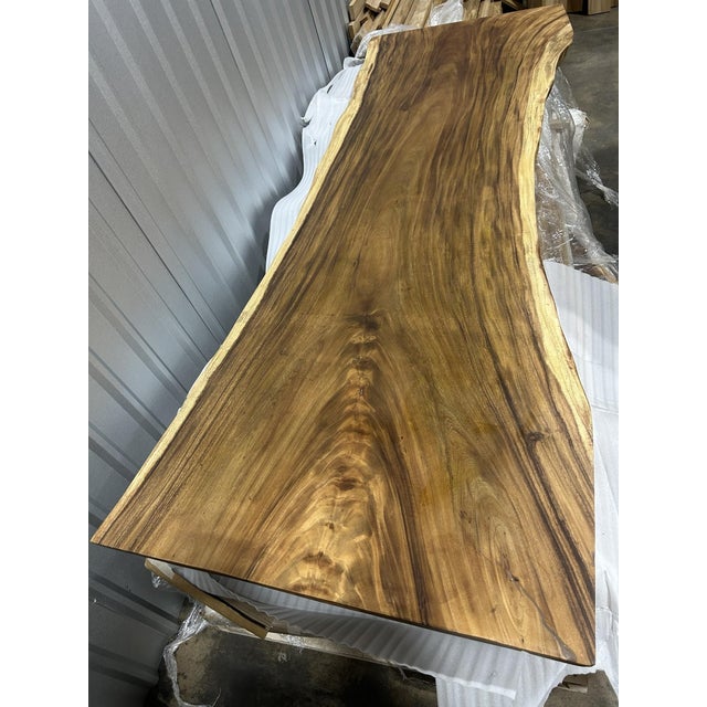 Contemporary Live Edge Single-Slab Monkeypod Dining Table, 9 Ft, Hourglass Shape For Sale - Image 3 of 4