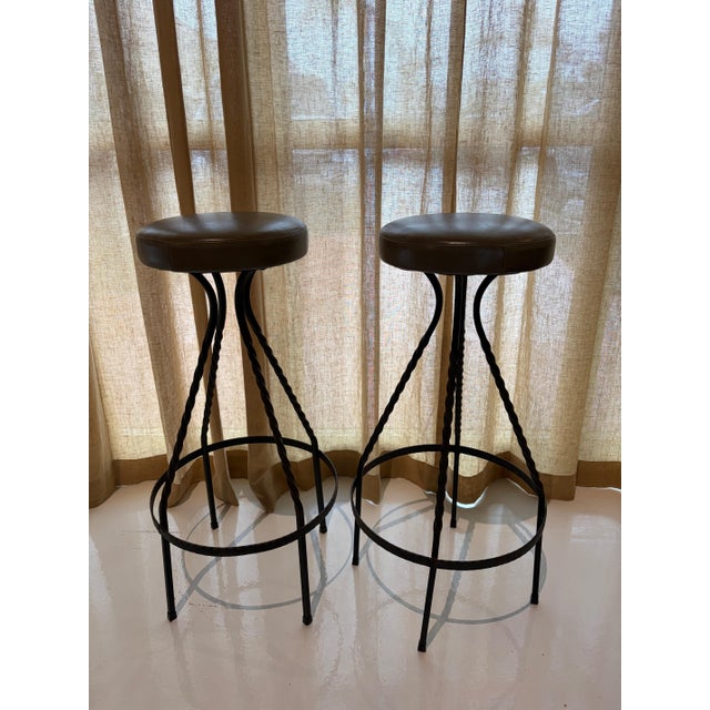 Mid Century Barstool Pair Reupholstered Gray Leather Cushion.