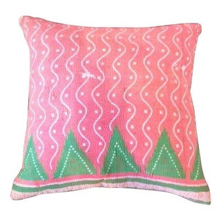 Vintage Kantha Pillow in Pink & Green For Sale