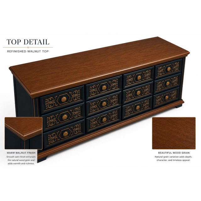 Wood Vintage 1970s Drexel-Attributed Lowboy Dresser — Custom Midnight Blue & Gilded Finish, 4-Bank Drawer Configuration For Sale - Image 7 of 7