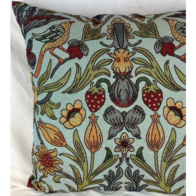 20" Square Decorative Throw Pillow Embellished With a Renaissance Tapestry Look Floral Pattern Including Birds & Strawberries - Made in the U K For Sale - Image 4 of 12