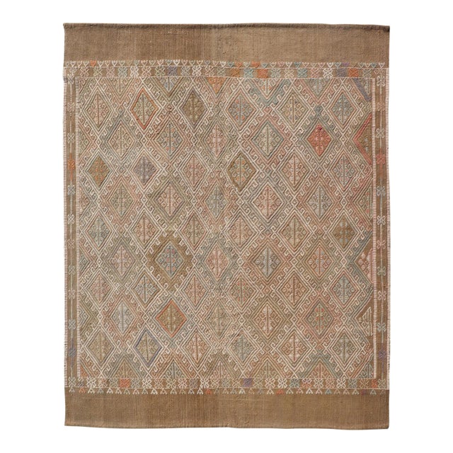 Geometric Diamond Stripe Turkish Vintage Kilim Rug in Warm Earth Tones For Sale