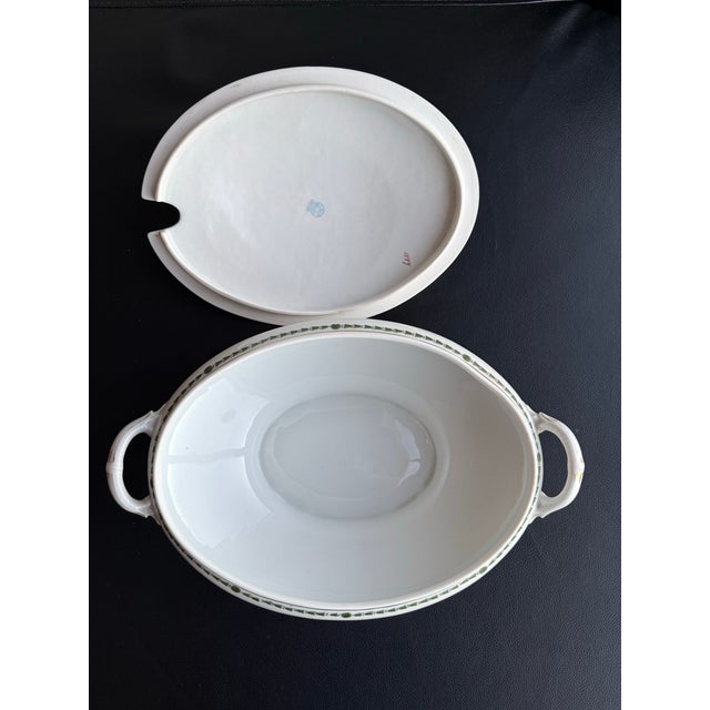 Art Nouveau Antique Oval Tureen and Lid Pottery White With Green Floral L Straus & Sons Marked 1844 For Sale - Image 3 of 12