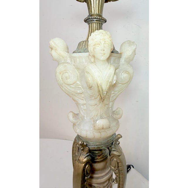 Large Antique Ornate Hand Carved Figural Alabaster Cast Iron Electric Table Lamp For Sale - Image 10 of 13