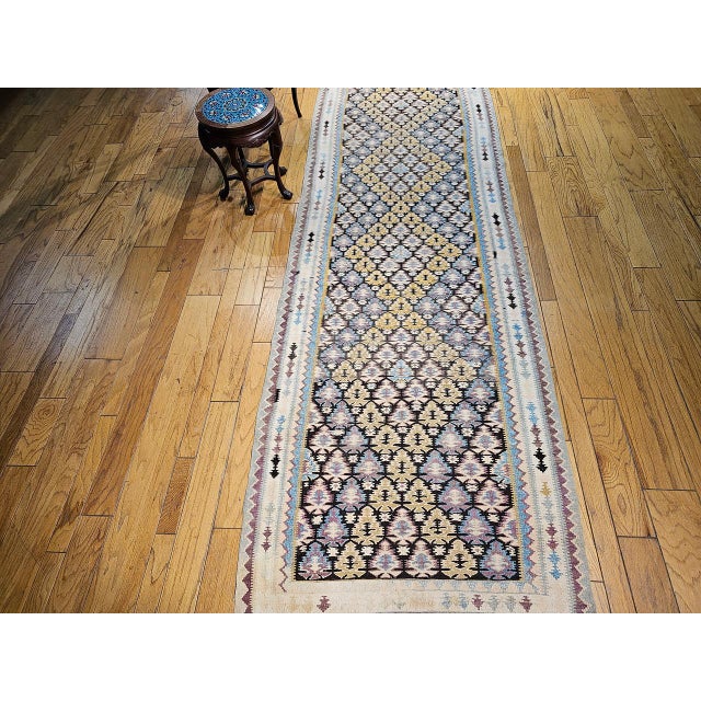 Vintage Qazvin Tribal Kilim Runner, Handwoven Allover Paisley Pattern, Brown & Ivory, 4’ x 18’ For Sale In Chicago - Image 6 of 17