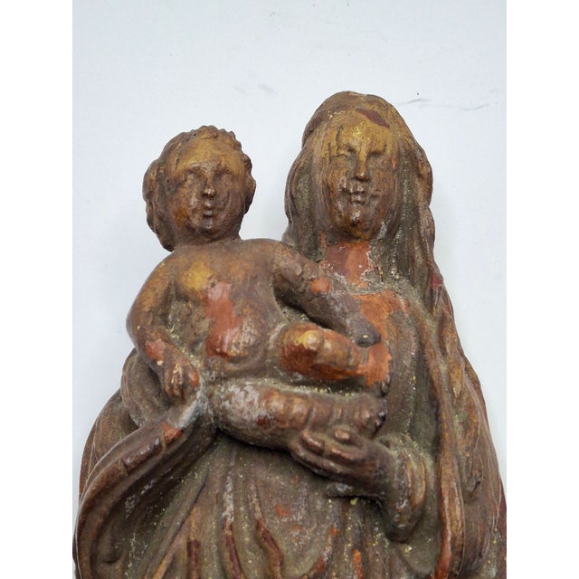 Antique 17th or 18th C. European Wooden Relief Sculpture of Madonna and Child For Sale - Image 13 of 16