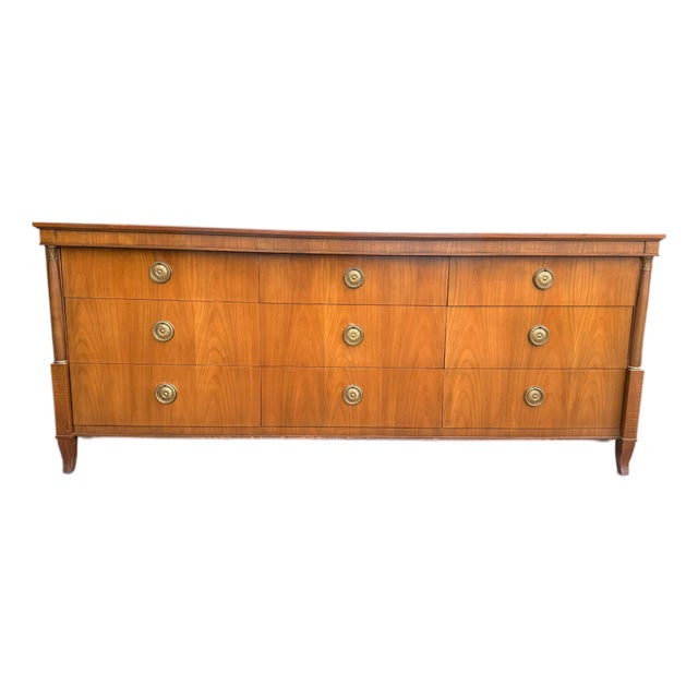 Vintage Baker Furniture Neoclassical 9-Drawer Dresser With Brass Hardware For Sale