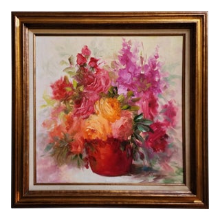 Late 20th Century Impressionist Style Still Life Painting of a Bouquet of Bright Flowers by E. Frost Andrews, Framed For Sale