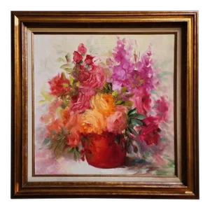 Late 20th Century Impressionist Style Still Life Painting of a Bouquet of Bright Flowers by E. Frost Andrews, Framed