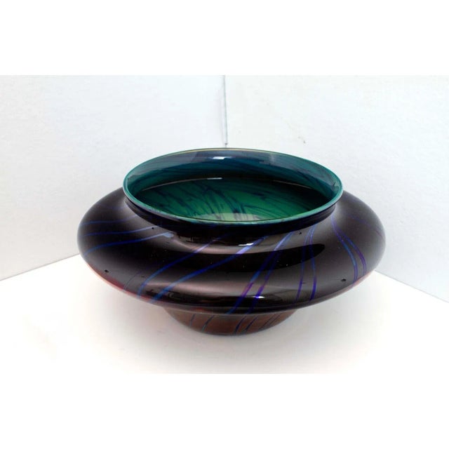 Late 20th Century Late 20th Century Charles Schneider Signed Modern Green & Blue Iridescent Swirl Design Vessel For Sale - Image 5 of 10