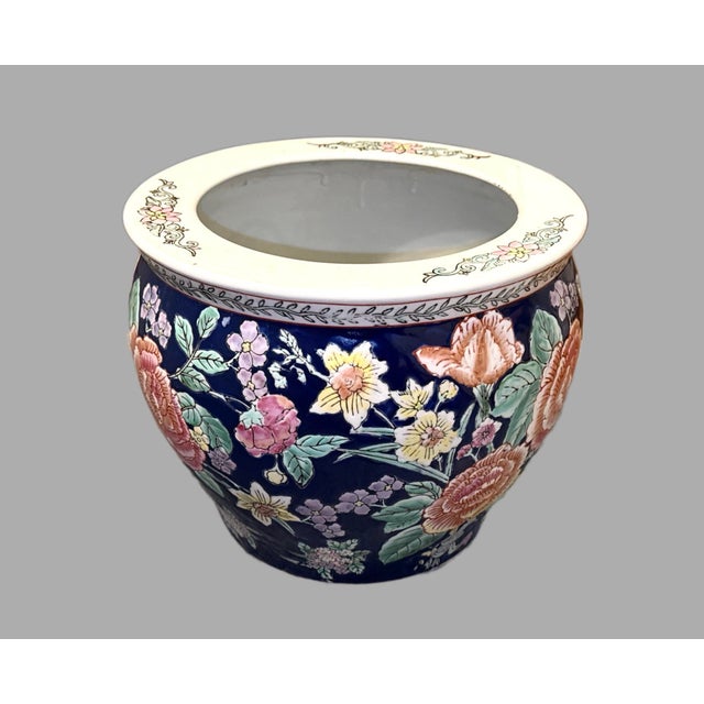 Mid-Century Chinese Porcelain Blue Floral Fishbowl Planter For Sale - Image 4 of 7
