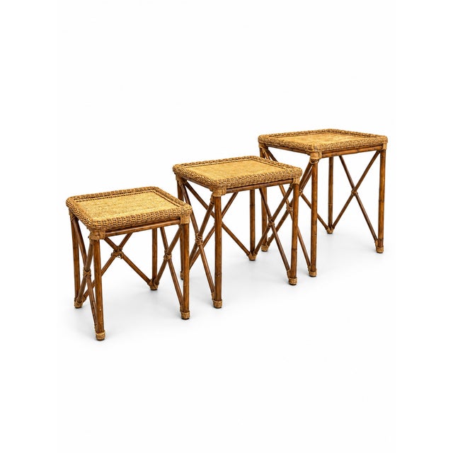 1970s 1970s Vintage Coastal Bamboo & Woven Rattan Nesting Tables – Set of 3 For Sale - Image 5 of 7
