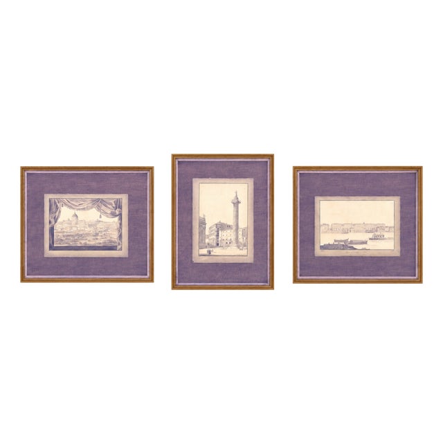 Views of Rome, 19th Century, Ink on Paper, Framed, Set of 3 For Sale