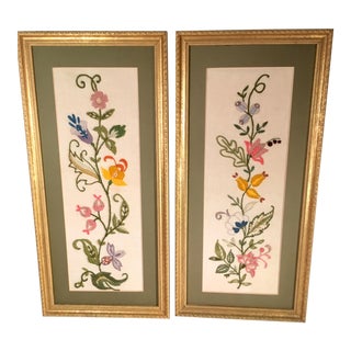 Vintage Mid Century Framed Embroidered Botanicals - a Pair For Sale
