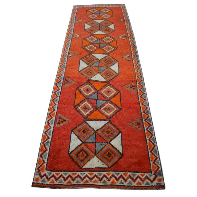 Orange Hand-Knotted Tribal Geometric Design Turkish Runner Rug . Hallway Rug Kitchen Decor - 3′3″ X 10′4″ For Sale - Image 8 of 15