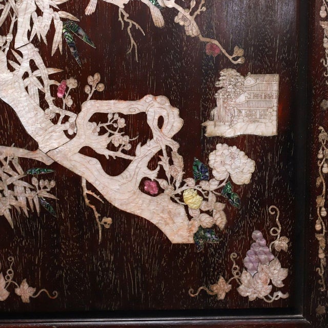 Vintage Chinese Zitan Wood Wall Panel Set | Mother-of-Pearl Inlaid Plum Blossom Motif For Sale In Los Angeles - Image 6 of 9