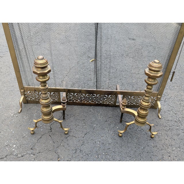 Mid 20th Century Mid 20th century Hollywood Regency Brass Fireplace Andirons With Flex Screen For Sale - Image 5 of 11