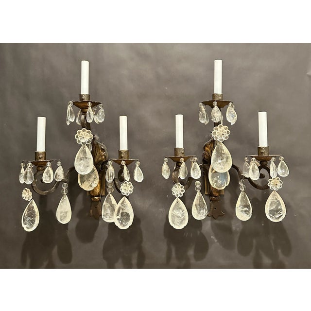 Traditional Late 19th Century Rock Crystal, Tole And Wrought Iron Wall Sconces - a Pair For Sale - Image 3 of 10