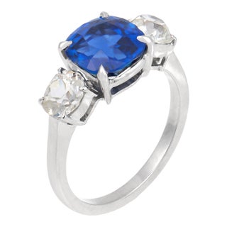1950s Agl 3.00 Carat Burma No Heat Sapphire Diamond 18k White Gold Three Stone Ring, Size 6.25 For Sale