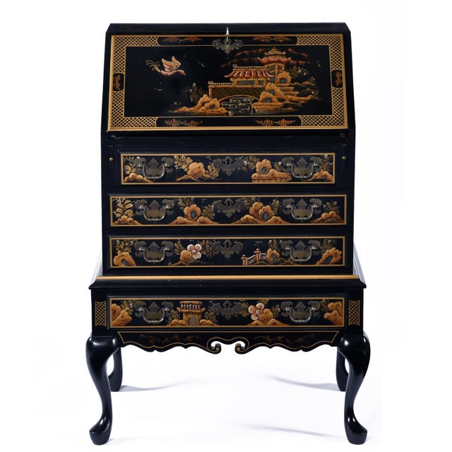 Martin Maddox Black Lacquer Hand Painted Asian Chinoiserie Black Lacquer Secretary Writing Desk For Sale - Image 4 of 14
