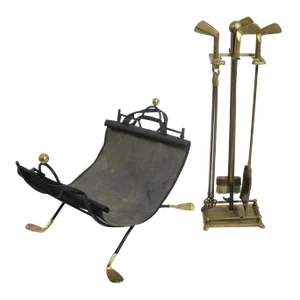 Golf Theme Fireplace Tool Set and Log Holder