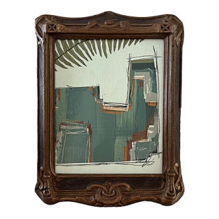 “Cabin Fern" Green Abstract Art in Antique Frame, Transitional Living Room Art by JTS For Sale