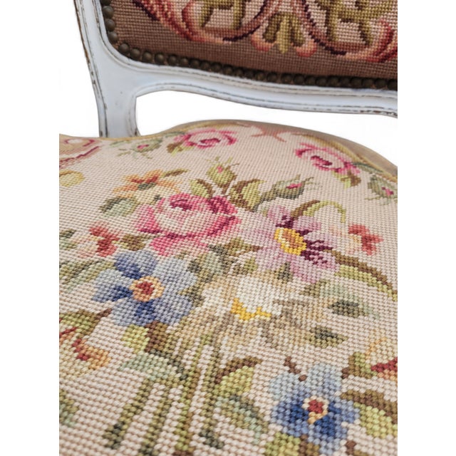 French Louis XV Style Armchair with Hand-Embroidered Floral Needlepoint, 1920s For Sale - Image 16 of 18