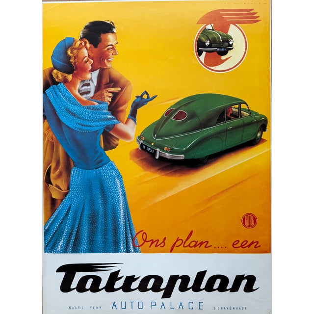 Elevate your space with this striking vintage automotive poster by Dutch artist and designer Jan Lavies for the Tatraplan...