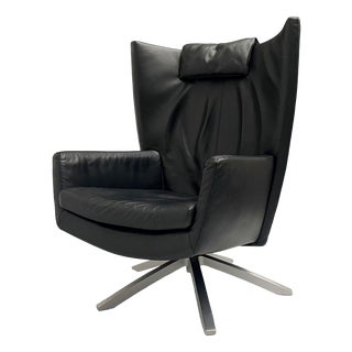 Black Leather Maua Swivel Chair with Lumbar Pillow from Design On Stock For Sale
