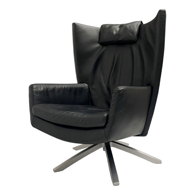 Black Leather Maua Swivel Chair with Lumbar Pillow from Design On Stock For Sale
