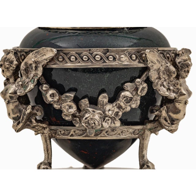 Gemstone Rare French Bloodstone Sterling Silver Cherub Mounted Inkwell, Circa 1920 For Sale - Image 7 of 11