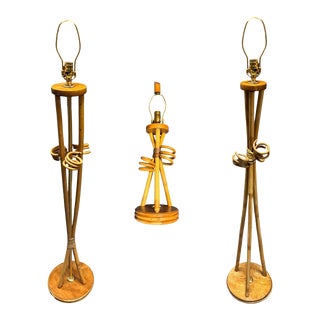 Restored Mid-Century "Hourglass" Rattan Floor/Table Lamps Set of 3 For Sale