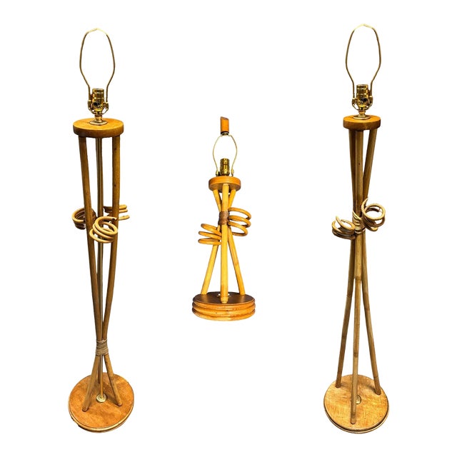 Restored Mid-Century "Hourglass" Rattan Floor/Table Lamps Set of 3 For Sale