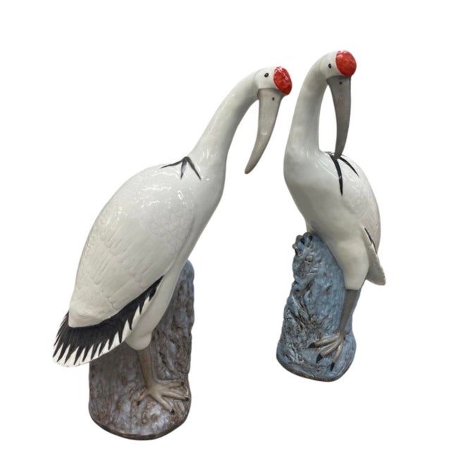 Pair of Vintage Italian Majolica Glazed Ceramic Stork / Heron Sculptures For Sale - Image 4 of 12